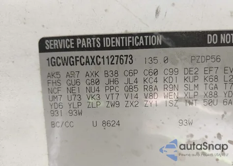 2012 Chevrolet Express 2500 Work Van z USA, uszkodzony, nr VIN 1GCWGFCAXC1127673